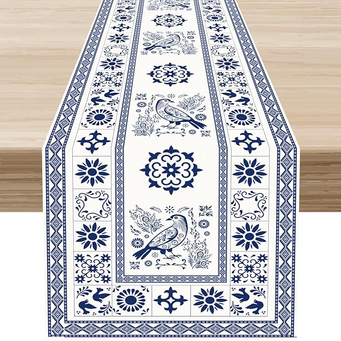 Mexican Table Runner, Blue Floral Birds Mexico Talavera Tiles Ceramic Dia De Los Muertos Coffee Table Center Decor for Family Kitchen and Dining Farmhouse Indoor Outdoor Table Decorations, 13"x90"