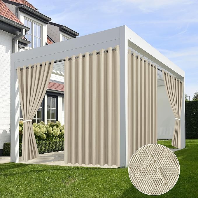 HolidayIdeas Linen Outdoor Curtains for Patio Waterproof 4 Panels Cream Outside Curtains 84 inch Length-Indoor/Outdoor Gazebo Wide Curtains Weatherproof, Privacy for Pergola, Porch, Cabana 110"x84"