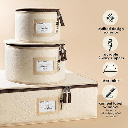 China Storage Hard Shell Containers 5-Piece Set Moving Boxes for Dinnerware, Glasses, Plates, Mugs and Saucers Sturdy Dish Organizer with Dividers for Seasonal Storage - Service for 12 - Beige Quilted