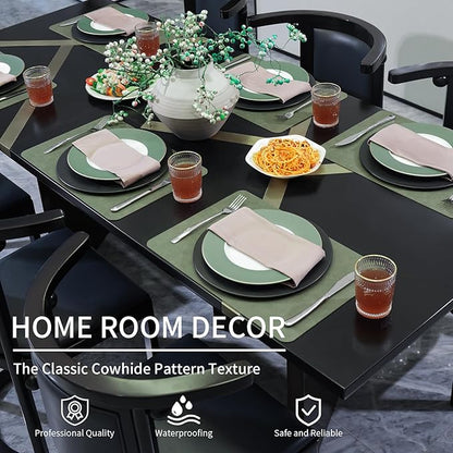 Cowhide Pattern Faux Leather Placemats Set of 6,Heat Resistant Non-Slip Waterproof Wipeable Washable Kitchen Dining PU Table Place Mats,Double-Sides Available,Green Brown
