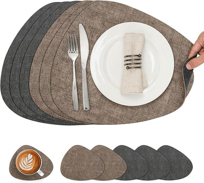 Placemats and Coasters, Washable Reversible Placemats Round Faux Leather Wipeable Place Mats Non Slip Heat Resistant Indoor Outdoor Table Mats (Set of 6, Gray Brown)