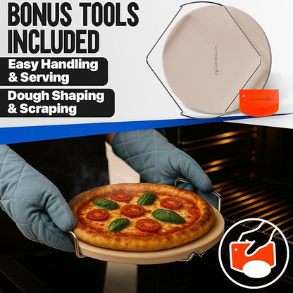 KitchenStar 14-inch Pizza Stone for Oven and BBQ Grill with Handles, Round, 5/8" Thick - Natural Cordierite, 1800 °F Resistant, Baking Stone Set with Stainless Steel Rack & Plastic Scraper Tool