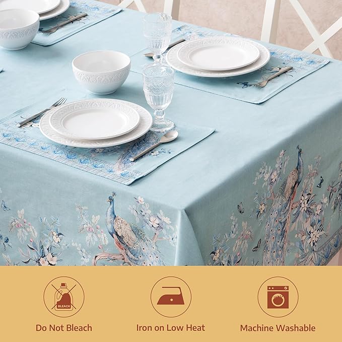 Maison d' Hermine Premium Table Cloth Rectangle Table 100% Combed Cotton 108 x 70 Inches Tablecloth Reusable Decorative for Dining Room Home Party Festive Wedding - Peacock Utopia - Pastel Turquoise