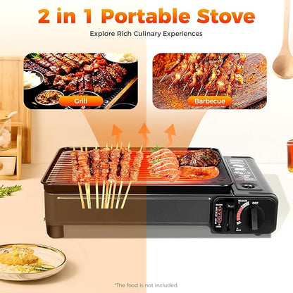 Portable Gas Grill Butane Stove, Portable Camping Grill Gas Stove Free Standing BBQ Grill with Grilling Net & Carry Case Dual Fuel Tabletop Outdoor BBQ Stoves for Camping Traveling Cooking