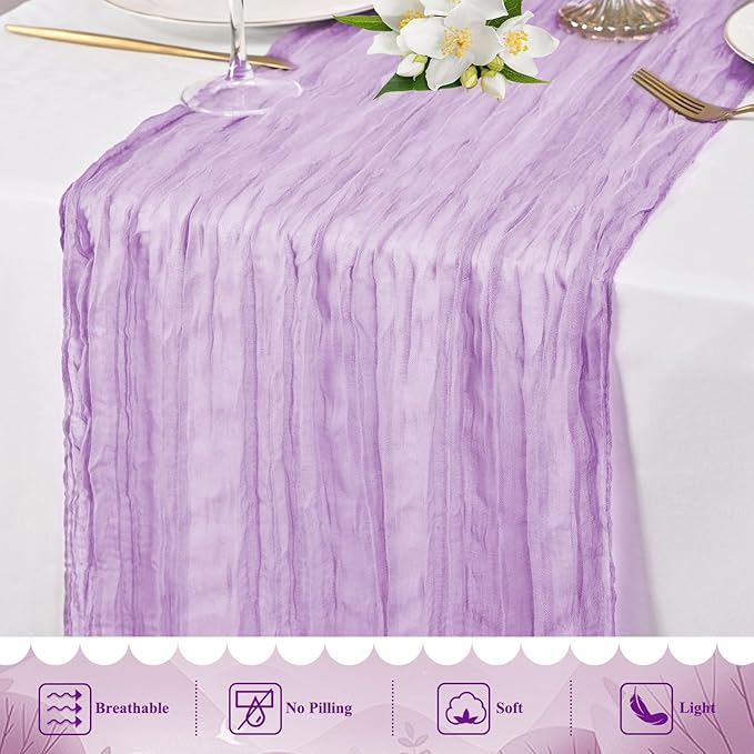 20 Packs Cheesecloth Table Runner 10FT Long Boho Gauze Fabric Table Runner Vintage Rustic Sheer Runners for Wedding Party Bridal Baby Shower Table Decorations (Lilac )