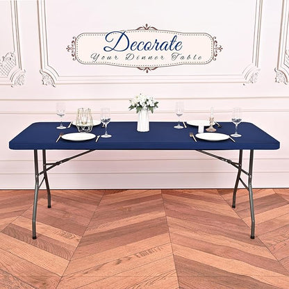10 Pack Stretch Fabric Table Top Cap Cover, fits 8Ft Tables, Spandex Table Covers Washable Elastic Universal Rectangle Tablecloth Protector for Outdoor Party Picnic Wedding, Navy Blue, 30" W x 96" L