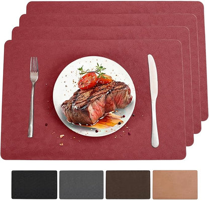 Vinyl Placemats Set of 4 Heat Resistant Easy Clean Non-Slip Place Mats for Dining Table. Faux Leather Waterproof Stain Resistant Wipeable Washable PU Table Mats(4, Red)