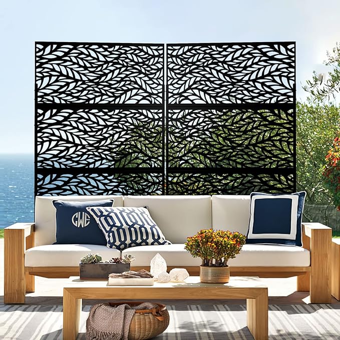 Metal Privacy Screen Outdoor 72" H×47" W,Freestanding Decorative Privacy Screen for Balcony Yard&Garden,Privacy Fence-Black&Leaves