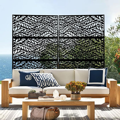 Metal Privacy Screen Outdoor 72" H×47" W,Freestanding Decorative Privacy Screen for Balcony Yard&Garden,Privacy Fence-Black&Leaves
