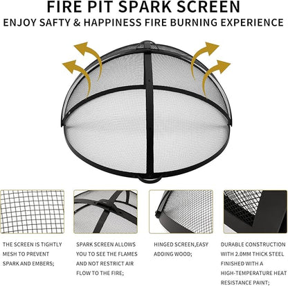 Outdoor Fire Pit Spark Screen Cover Accessory, 36In Patio Round Easy-Opening Fire Mesh Screen Guard, Heavy Duty Steel Firepit Ember Lid with Hinge