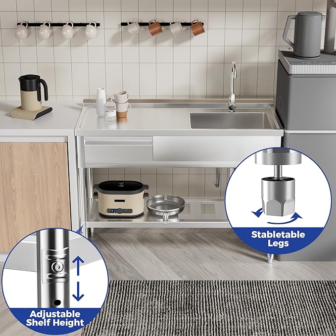 Stainless Steel Sink with Cold and Hot Water Pipes, Free Standing Single Bowl Commercial Kitchen Sink W/Workbench & Storage Shelf, Faucet For Laundry Room, Farmhouse, Indoor/Outdoor(47 inch)