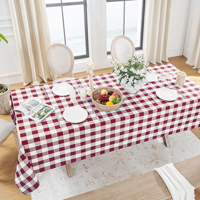 Softalker Gingham Checkered Tablecloth Square - Outdoor Waterproof Buffalo Plaid Table Cloth, Stain Resistant Washable Table Cover for Picnic, Camping, Dining - Burgundy and White, 54 x 54 Inch