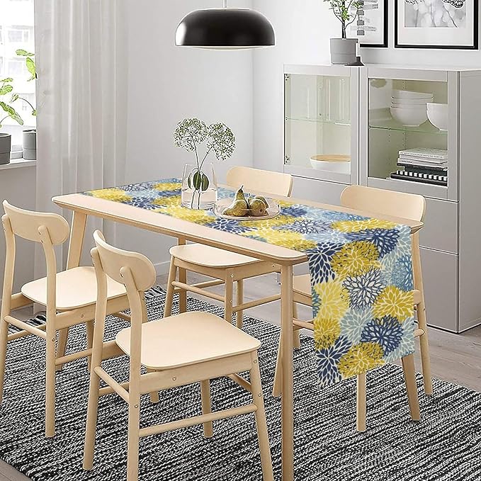 Dahlia Flower Table Runner,Blue Yellow Floral Print Table Runner for Kitchen Dining Table Dinner Holiday Home Party Indoor Outdoor Decor 13x60in