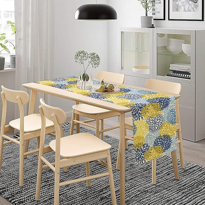 Dahlia Flower Table Runner,Blue Yellow Floral Print Table Runner for Kitchen Dining Table Dinner Holiday Home Party Indoor Outdoor Decor 13x120in
