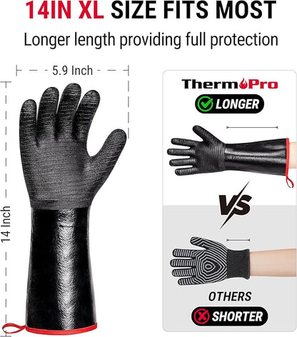 ThermoPro 932°F Heat Resistant BBQ Gloves, 14" Waterproof Oven & Grill Gloves, Oil & Slip-Resistant Neoprene Oven Mitts for BBQ, Fire Pit, Rotisserie, Smoker Accessories Gifts for Men and Women