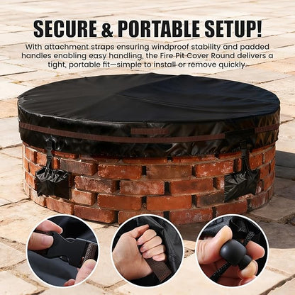 Outdoor Round Fire Pit Cover 51x9.5" Waterproof Tear-Resistant 600D Oxford PU Coated for 48–50" Built-In or In-Ground Stone Fire Pits, Heavy Duty All-Season Protection for Outdoor Fireplaces