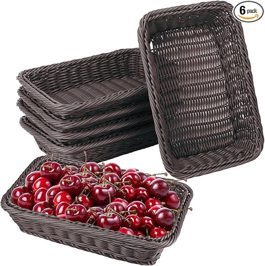 6 Pack 12 Inch Wicker Bread Basket, Handmade Woven Poly Wicker Bread Baskets, Rectangular Food Serving Basket for Dining Table, Candies, Crackers, Fruit, Vegetables