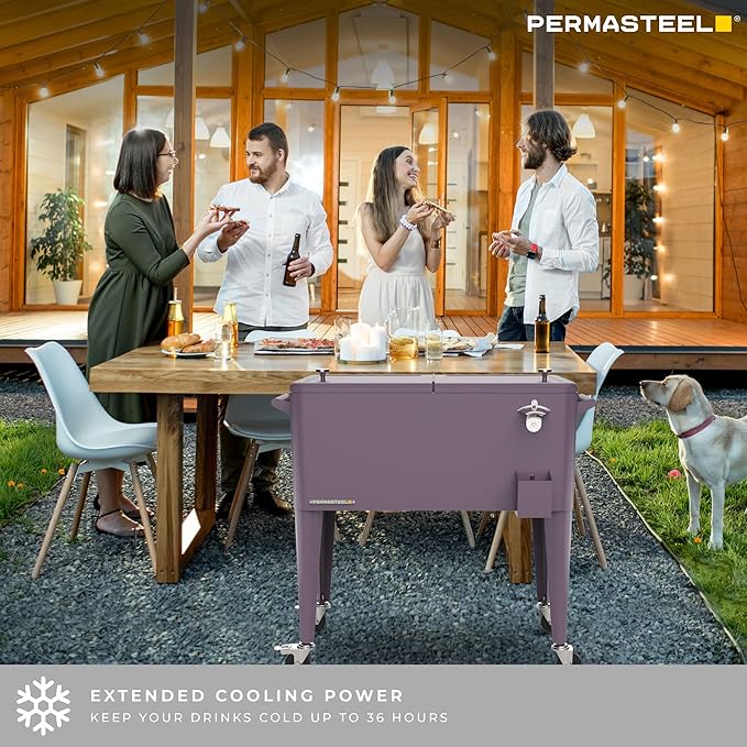 Permasteel 80 Quart Party Cooler, Rolling Ice Chest with Wheels and Handles for Indoor Outdoor Patio