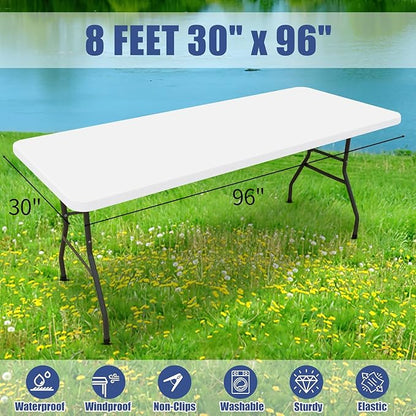 Spandex 8 Foot Rectangle Table Cloth 6 Pack, Elastic Fitted Tablecloths for Picnic, Stretch Washable Patio Table Cover for Outdoor, Camping, Banquet and Parties (White, 30"x96")