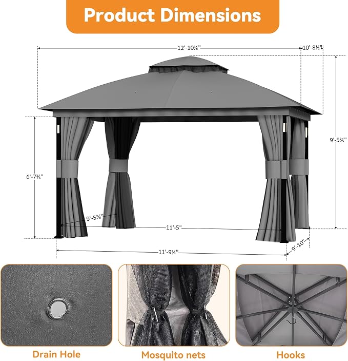 Patio Gazebo 11'x13' with LED Lights & Bluetooth Speaker, Heavy Duty Outdoor - Image 3