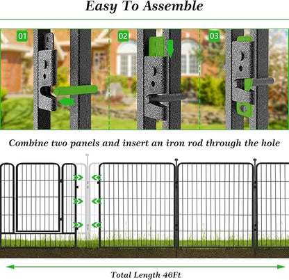 Garden Fence with Gate Metal Fencing for Yard, 32in x 46ft 20 Panels No Dig Fence Panels Temporary Dog Fence Rustproof Garden Fencing Flower Bed Edging for Patio