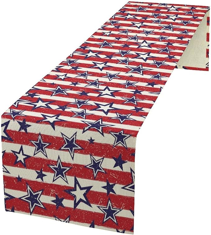 4th of July Table Runner, Vintage American Independence Day Stripes and Stars Patriotic Table Center Decor for Home Kitchen Dining Party Outdoor Holiday 13x108in
