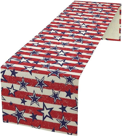 4th of July Table Runner, Vintage American Independence Day Stripes and Stars Patriotic Table Center Decor for Home Kitchen Dining Party Outdoor Holiday 13x60in