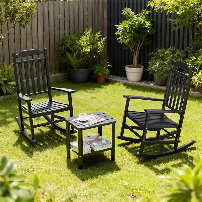 3 Piece Outdoor Rocking Bistro Set, Resin Rocking Chairs Outdoor Indoor - Image 2