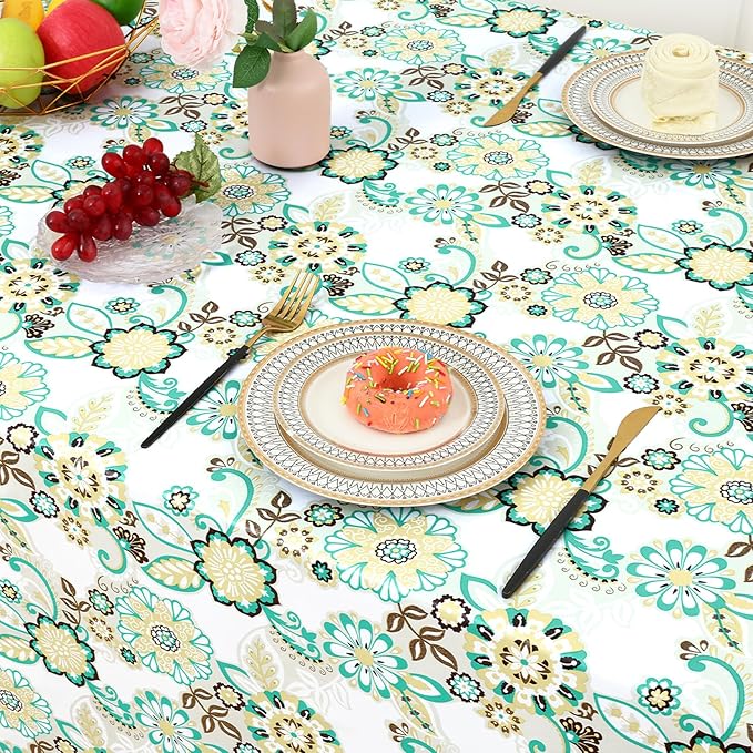 misaya Rectangle Waterproof Vinyl Table Cloth, Wipeable Tablecloth with Flannel Backing, Plastic Table Cover for Dinner, Picnic, Indoor and Outdoor (Paisley Flower, 54" x 78")