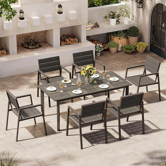 Outdoor Dining Set for 6, Patio Table and Chairs Set with Umbrella Hole, 7 Pieces HDPS + Aluminum Outdoor Furniture Sets for Patio, Garden (Gray & Teak)