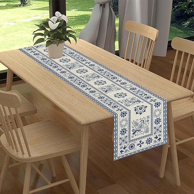 Mexican Table Runner, Blue Floral Birds Mexico Talavera Tiles Ceramic Dia De Los Muertos Coffee Table Center Decor for Family Kitchen and Dining Farmhouse Indoor Outdoor Table Decorations, 13"x36"