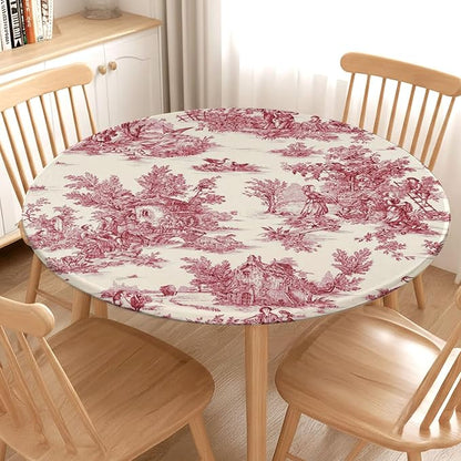 French Country Round Fitted Tablecloth with Elastic Vintage Red Circle Table Cloth for 40-44" Round Tables Wipeable Waterproof Rustic Burgundy Pink Village Table Cover for Dining Patio Picnic Decor