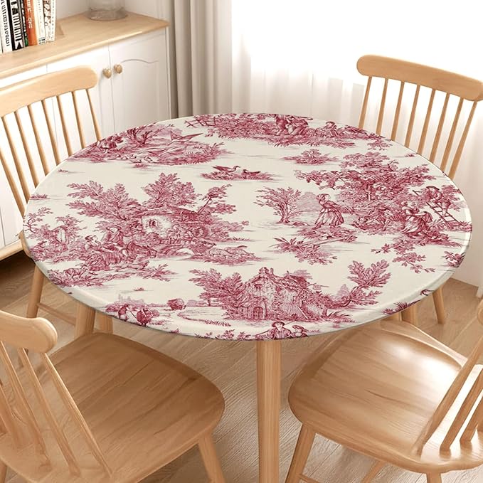 French Country Round Fitted Tablecloth with Elastic Vintage Red Circle Table Cloth for 48-52" Round Tables Wipeable Waterproof Rustic Burgundy Pink Village Table Cover for Dining Patio Picnic Decor