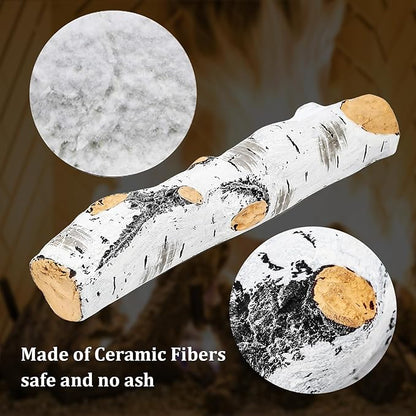 Gas Fireplace Logs, Birch Logs 7pcs Fake Fireplace Insert, Faux Ceramic White Birch Wood Firepit Firebowl Indoor or Outdoor Decor