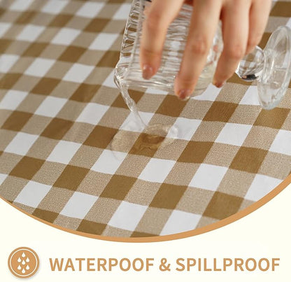 Rectangle Picnic Table Cloth, Elastic Waterproof Fitted Vinyl Tablecloths for 8 Foot Tables, Wipeable Flannel Backed Table Covers for Dining, Camping, Outdoor(Khaki Plaid,36"x96")