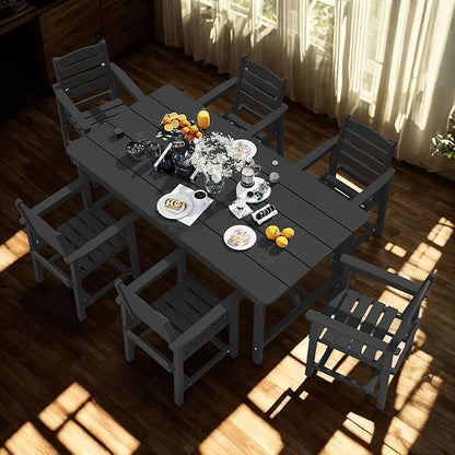 7 Piece Patio Dining Set with 11ft Patio Umbrella (Navy), 7 Black Outdoor HDPE Dining Set with 6 Chairs + 1 Large Table with 2" Umbrella Hole, for Market, Pool, Garden, Backyard, Deck