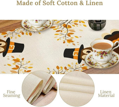 Thanksgiving Turkey Table Runner, Cartoon Turkey Autumn Branch Yellow Leaves Fall Harvest Kitchen Dining Table Decoration for Indoor Outdoor Farmhouse Home Party Decor, 13x108inch