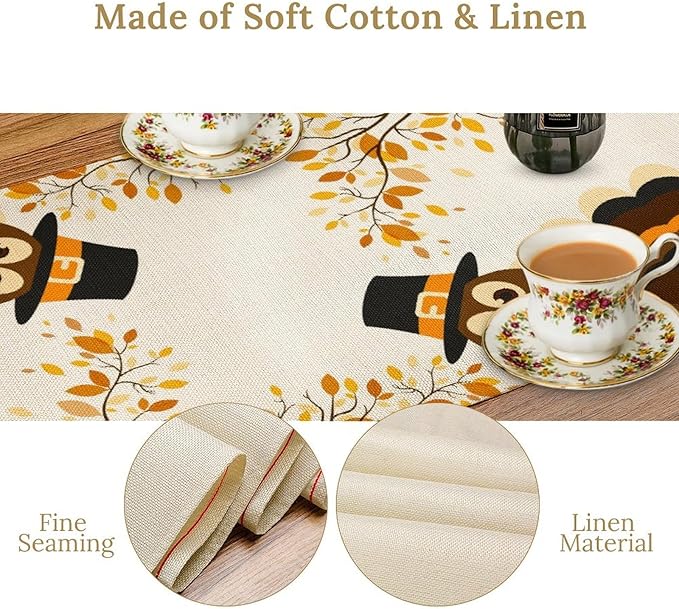 Thanksgiving Turkey Table Runner, Cartoon Turkey Autumn Branch Yellow Leaves Fall Harvest Kitchen Dining Table Decoration for Indoor Outdoor Farmhouse Home Party Decor, 13x36inch