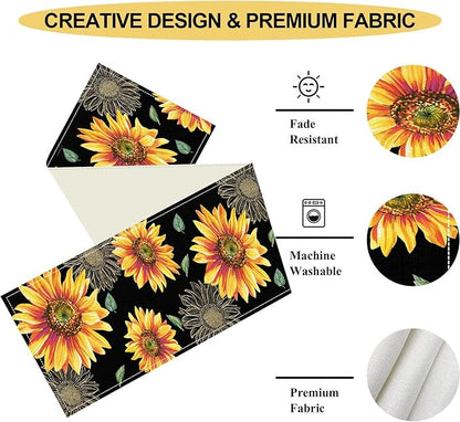 Black Yellow Floral Table Runner, Watercolor Sunflowers Vase Spring Sunshine Summer Farmhouse Rustic Table Center Decor for Home Kitchen Dining Patio Indoor Outdoor Table Decorations, 13"x36" Inch