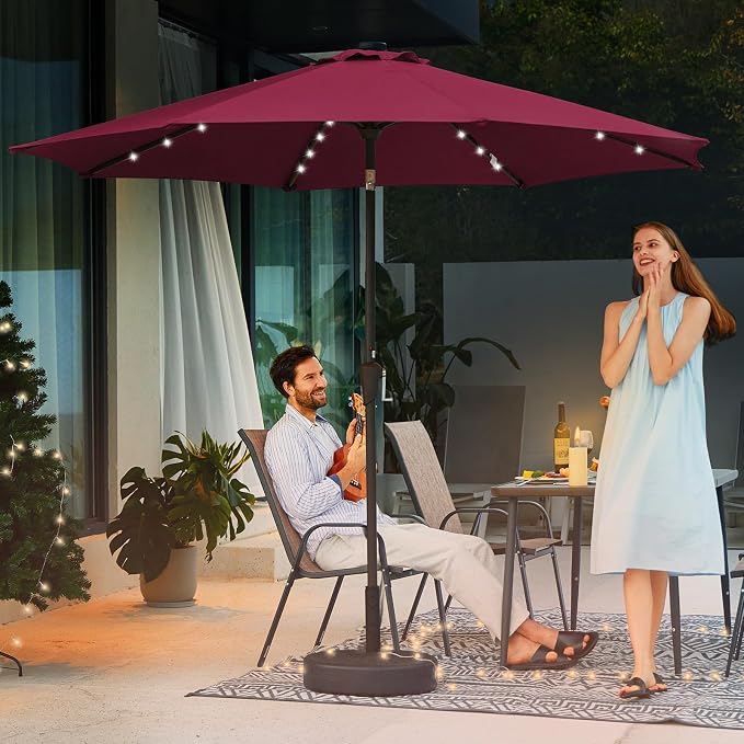 JEAREY 9' Patio Umbrella with Solar Lights, LED Umbrella, Burgandy | Outdoor - Image 8