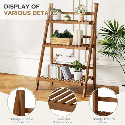 39.4" Bamboo Ladder Shelf Plant Shelf, 3 Tier Foldable Ladder Flower Pot - Image 9