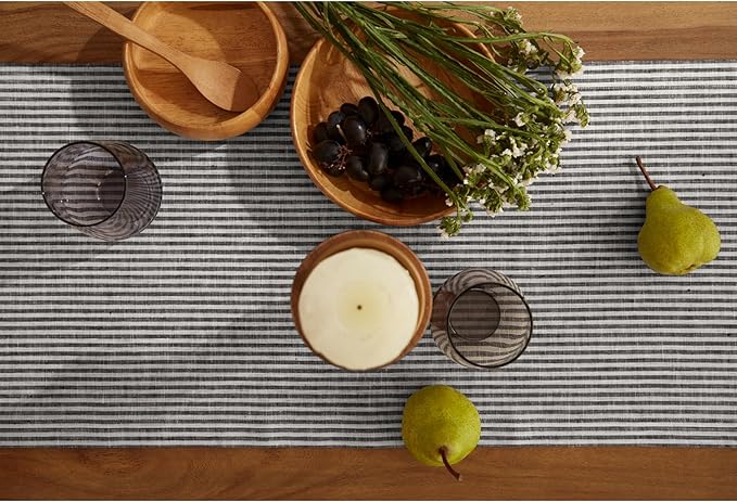 Solino Home Linen Table Runner 90 Inches Long - Narrow Stripe, 100% Pure Linen Black and White Farmhouse Table Runner 14 x 90 Inch for Dining, Winter, Spring, Easter