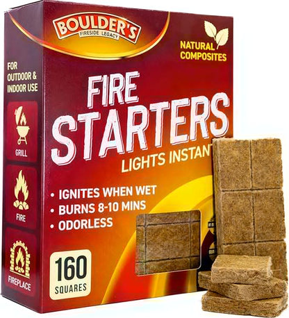 Fire Starter Cubes, 160 pcs - Bulk Pack - Fast Grill BBQ Charcoal Start - Odorless & Waterproof - Firestarter Squares for Campfire, Outdoor Fire Pit, Wood Stove, Fireplace, Logs - Camping Essentials