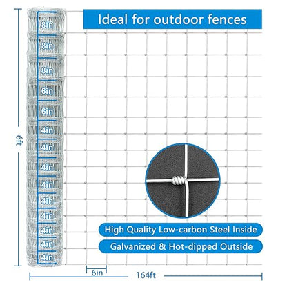 Farm Fence 6ft x 164ft Heavy Zinc Coating Cattle Deer Goat Fence,Galvanized Field Wire Fencing,Hog Wire Fencing for Yard Livestock & Animals Protection