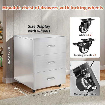 JIEJIN Outdoor Kitchen Drawers Stainless Steel Triple BBQ Island Drawer Flush Mount Outdoor Kitchen Cabinets with Handles with Wheels for Outdoor Kitchens or BBQ Island Patio Grill Station, Silver