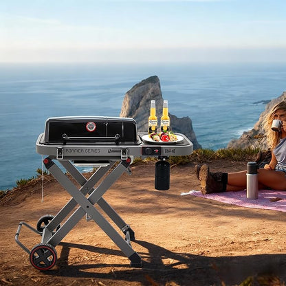 Portable Propane Gas Grill with Folding Cart & 13000 BTUs Burner, 360 Sq. In. Cast Iron Cooking Grates, Side Table, 8" Wheels, Stainless Grease Tray for Outdoor BBQ, Camping & Tailgating, Black