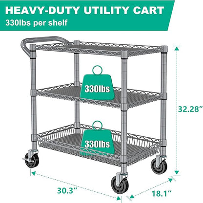 Rolling Cart with Wheels, Heavy Duty 3 Tier Metal Utility Cart 990lbs Capacity, Multi-Purpose Wire Rolling Storage Trolley for Kitchen Garage Office Commercial Use, Gray