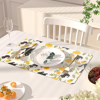 QIYI Placemats Set of 6, 12x18 Inch Faux Leather Place Mats for Kitchen Dinning, Heat Resistant Anti Slip Flower Table Mats, Waterproof Wipeable Washable Placemat Party Table Décor, Cute Black Kittens