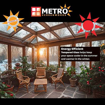 Metro Screenworks Framed Tempered Glass Panel for Porch & Patio Panels, Outdoor Enclosures, (32-3/4" x 34-1/2", Tan) Enclose Your Porch with Tempered Glass Panels - Glass Panel Replacement