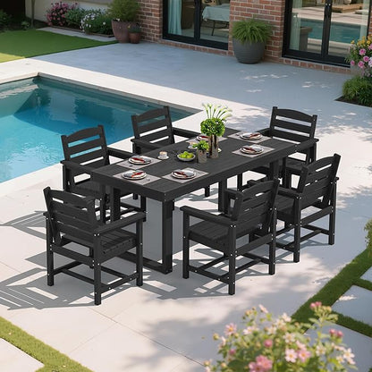 SERWALL HDPE Outdoor Dining Set for 6, 67'' All Weather Patio Dining Table and Chairs Set for Deck, Lawn, Black
